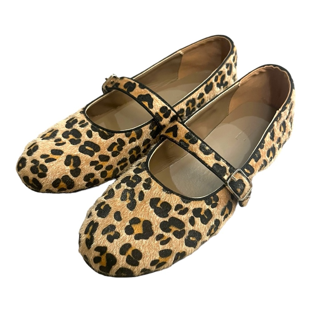 Women Leopard Calf Hair Ballet Flats Animal Print Mary Janes Comfortable.